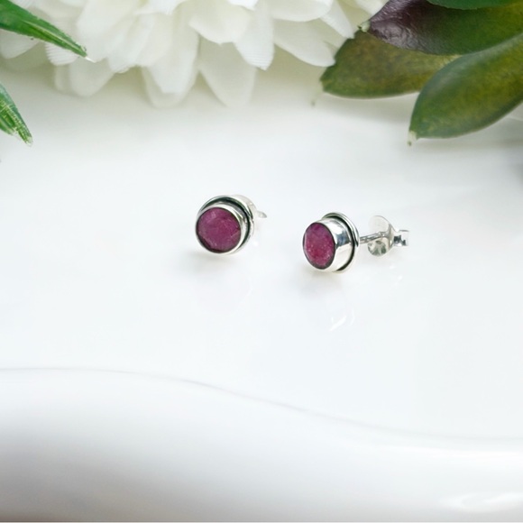 Ruby Earrings Solid Sterling Silver 925 Stud Post Push Back Southwest Round New - Picture 4 of 5